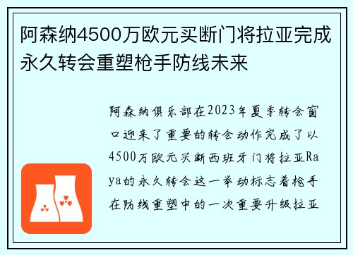 阿森纳4500万欧元买断门将拉亚完成永久转会重塑枪手防线未来